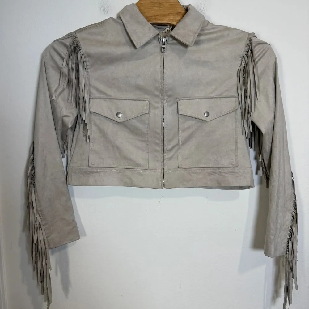 BLANK NYC Gray Suede Fringe Cropped Western Jacket Size L Boho Festival Wear NWT